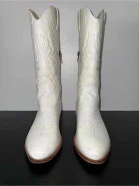 WIRALOMI White Embroidered Cowboy Boots Mid Calf Round Toe Size EU40 / US9